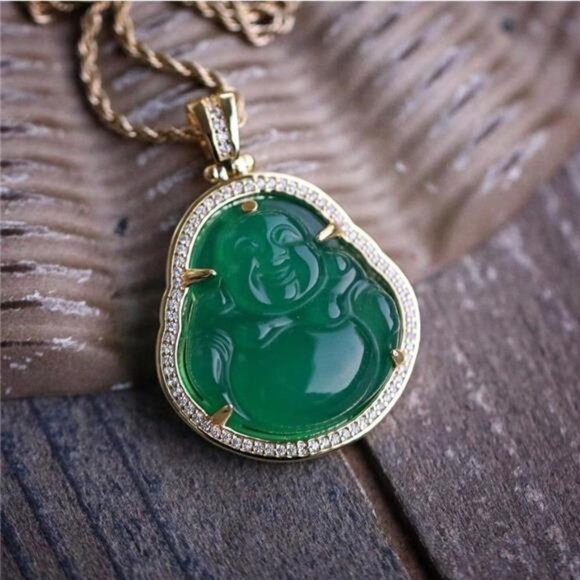 14K Gold Plated Green Jade Buddha Pendant Necklace With Lab Simulated Diamonds - Picture 4 of 6